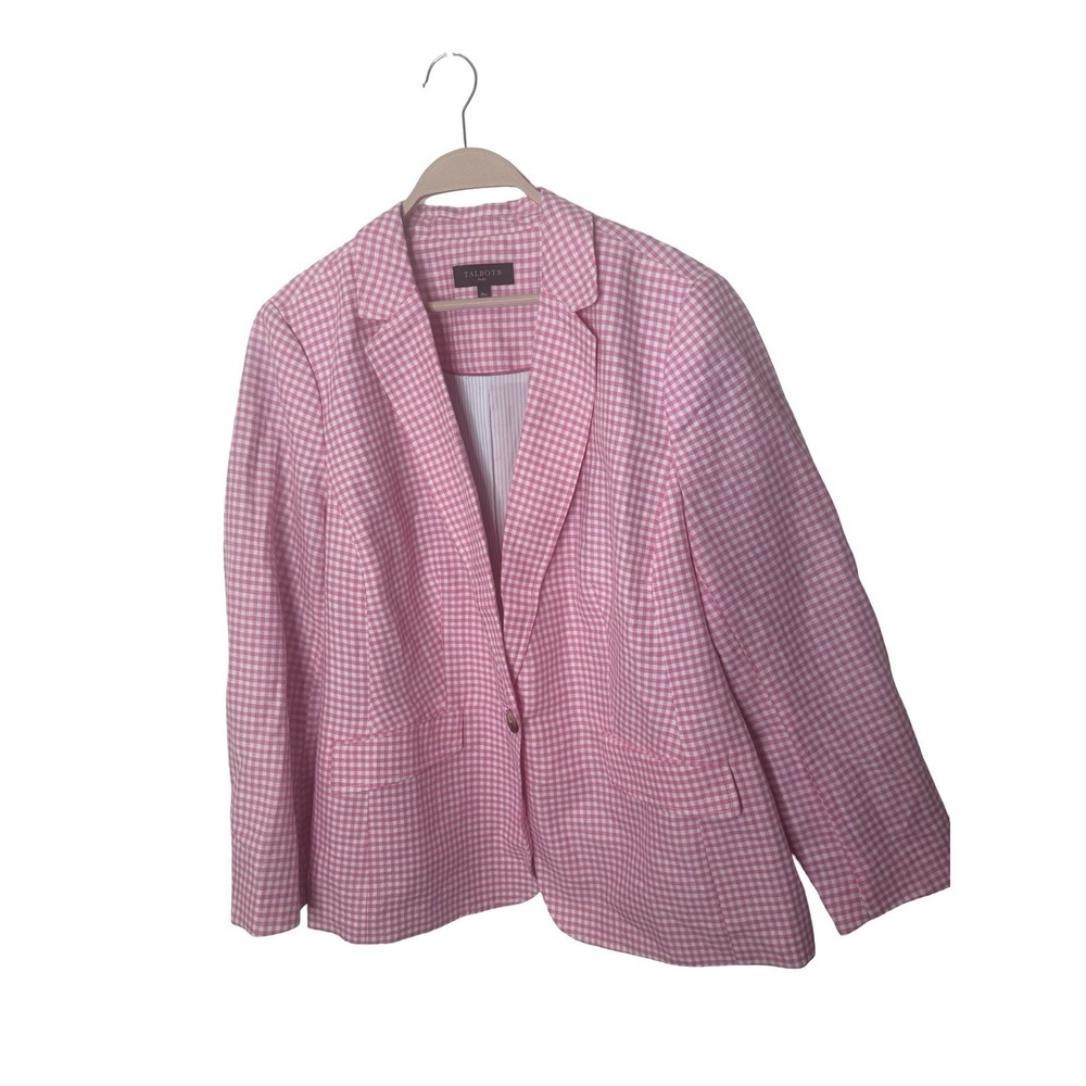 TALBOTS 1 Button Pink Gingham Linen/Cotton Office Blazer Women's 18 plus